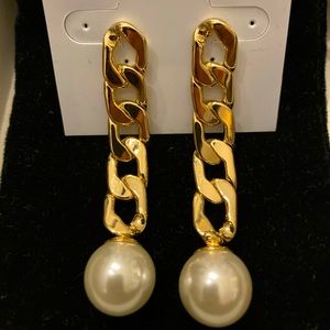 WHBM Gold Chain Earrings with Faux Pearl